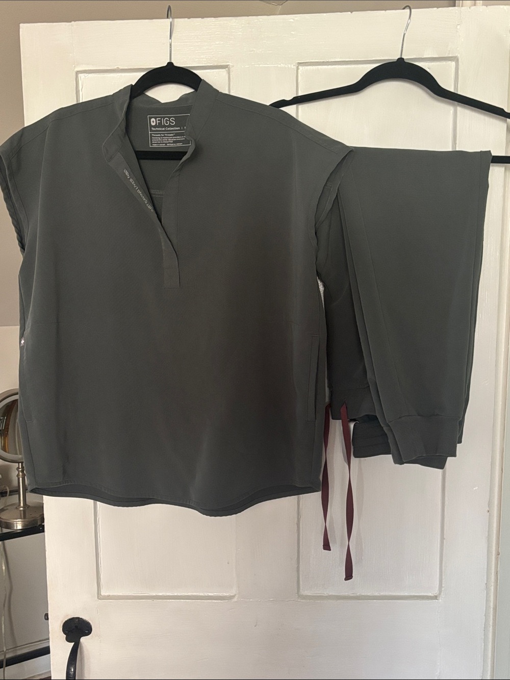 FIGS Olive Green Pullover Top with Half-Placket with matching jogger scrub pants
